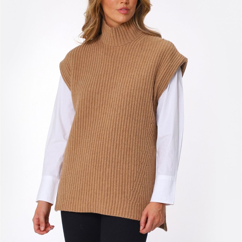 Ganni Recycled Wool Ribbed Knit Vest In Camel Size Large Nwt